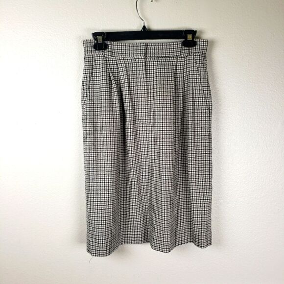 Vintage Women's Grey Black Houndstooth Linen Blend Midi Skirt Size Small - Picture 2 of 10